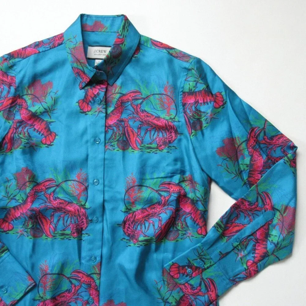 NWT J.Crew Collection Silk-twill Shirt in Ultramarine Red Lobster Print Top 2